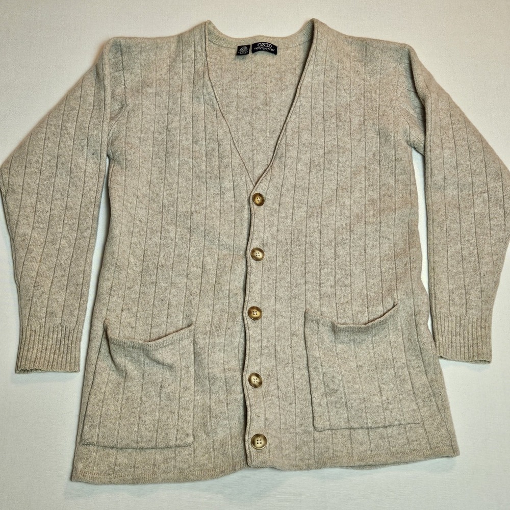 G2000 100% Lambswool Beige Ribbed Button Front Cardigan Sweater Unisex‎